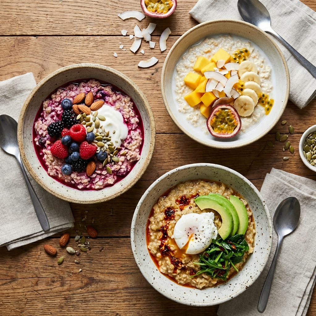 Three bowls of oatmeal with various toppings like berries, tropical fruits, and a poached egg.